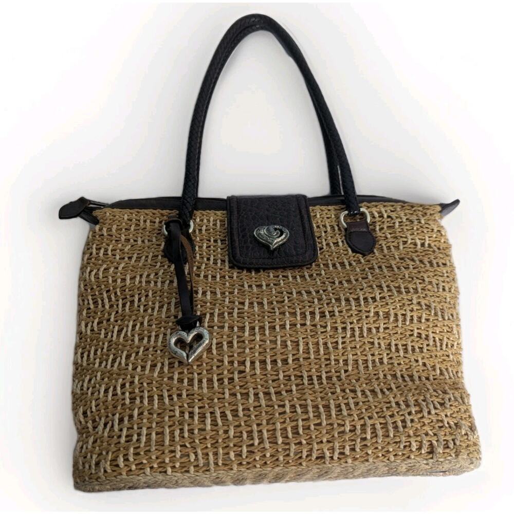 Brighton Straw Handbag Brown Leather Straps Silvertone Hardware Magnetic Clasp